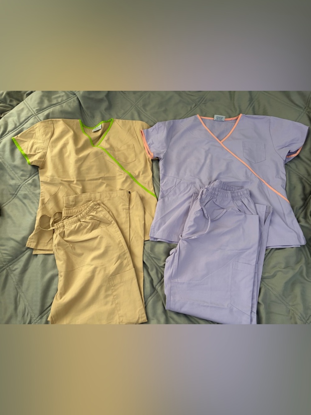 Scrub Set Duo - Lavender with Peach Trim & Beige with Lime Trim